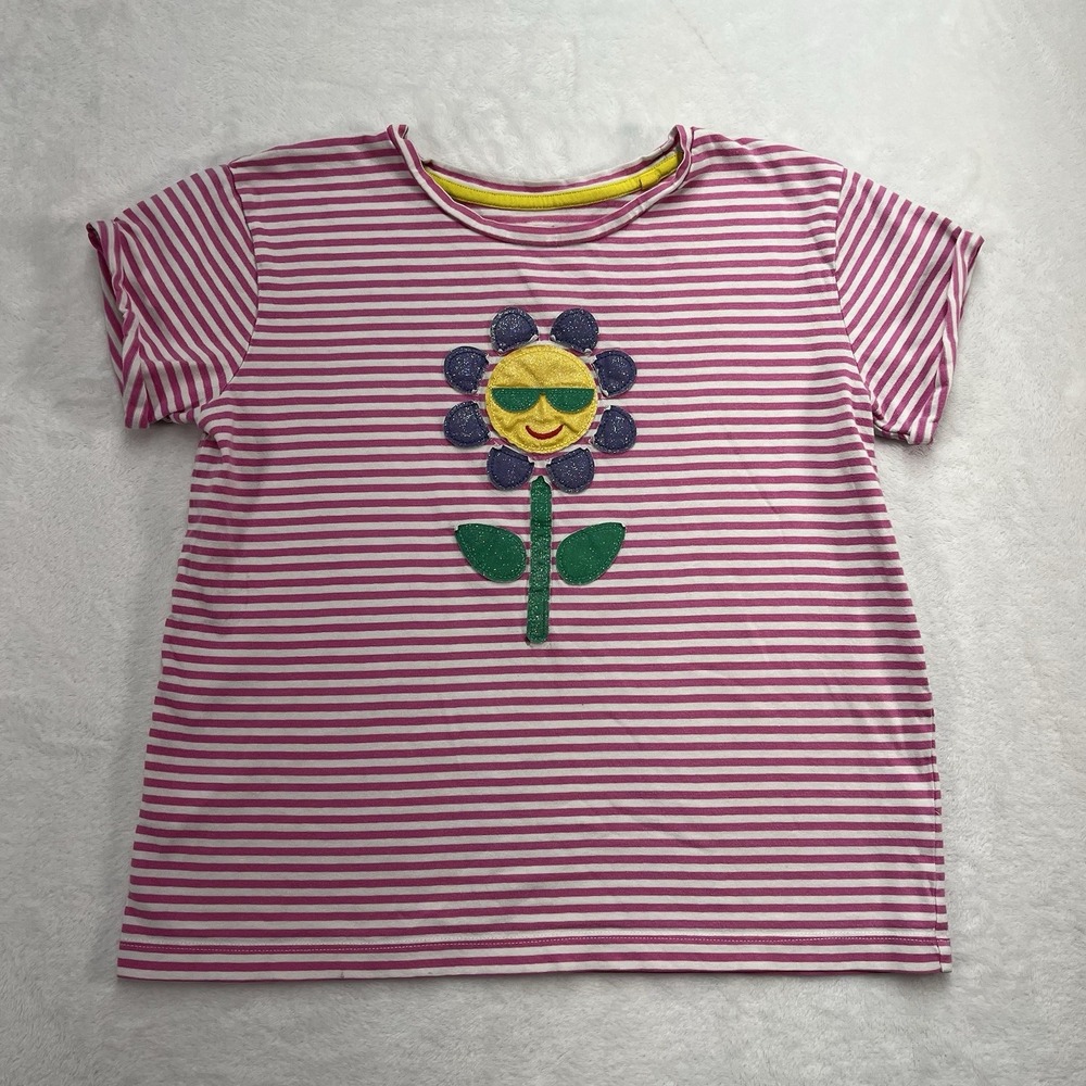 Mini Boden Glitter Floral Applique Shirt Girls 9-10Y Striped Cotton Summer